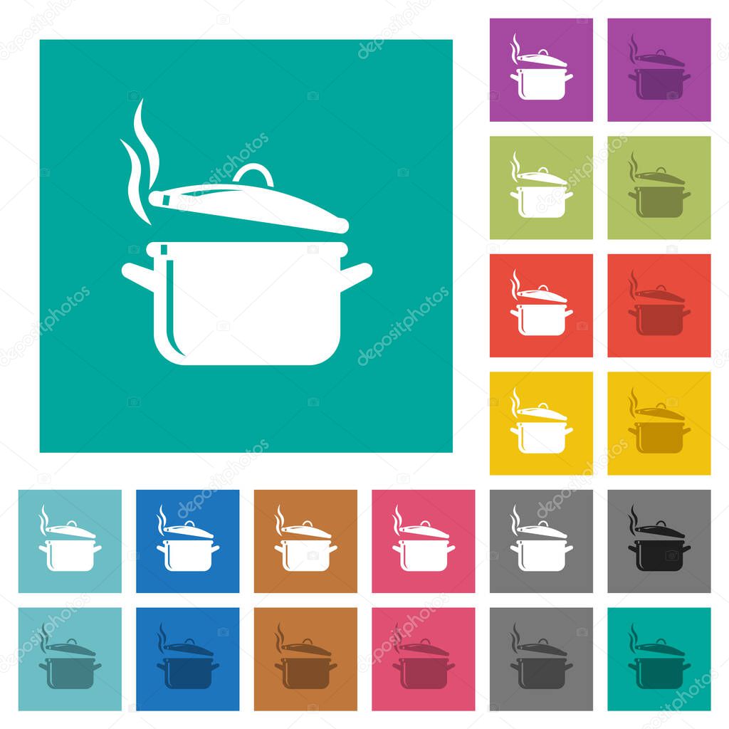 Steaming glossy pot with lid multi colored flat icons on plain square backgrounds. Included white and darker icon variations for hover or active effects.