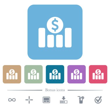 Renkli yuvarlak kare arka planlarda dolar cinsinden düz beyaz grafikler. 6 bonus simgesi dahil