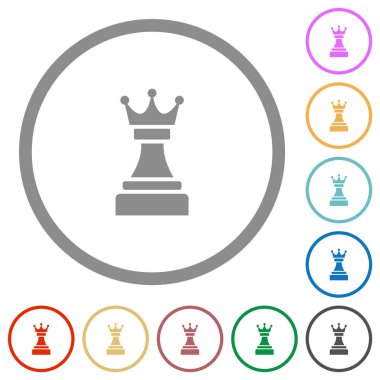 Siyah satranç kraliçesi düz renk simgeleri beyaz arkaplanda yuvarlak çizgiler halinde