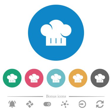 Şef şapkası düz beyaz simgeler, yuvarlak renkli arka planlar. 6 bonus simgesi dahil.