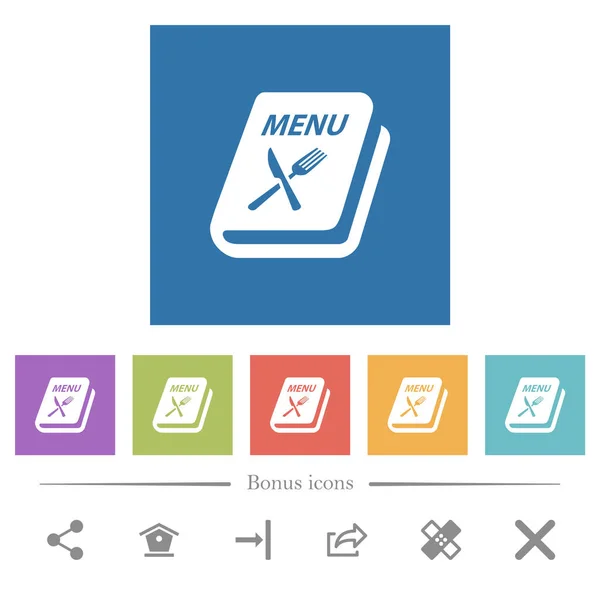 Menu Met Vork Mes Platte Witte Pictogrammen Vierkante Achtergronden Bonus — Stockvector