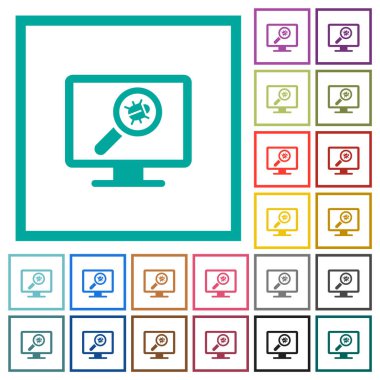 Beyaz arkaplanda çeyrek çerçeve içeren bilgisayar düz renk simgelerinde virüs taraması