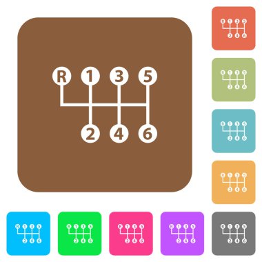 Yuvarlak kare renkli arkaplanda altı hız manuel vites kaydırma simgesi.