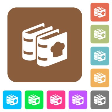 Yuvarlak kare renkli arkaplan üzerinde şef şapkası olan iki yemek kitabı..