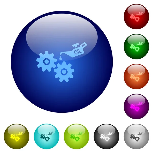 複数の色の丸いガラスのボタンのオイラー缶と歯車のアイコン 配置された層構造 — ストックベクタ
