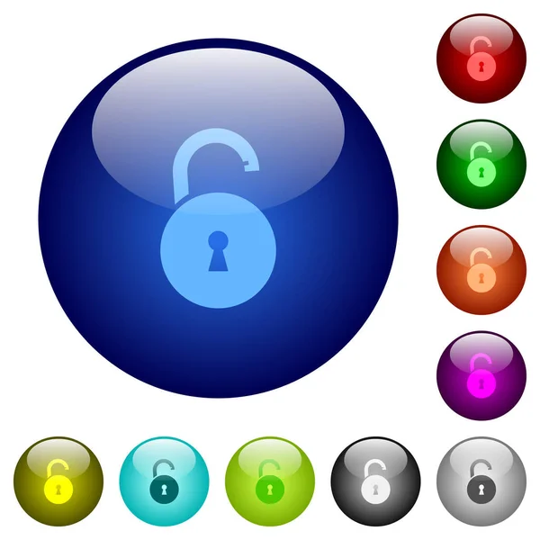 打开带有锁孔图标的圆形挂锁在圆形玻璃按钮上 有多种颜色 安排层次结构 — 图库矢量图片