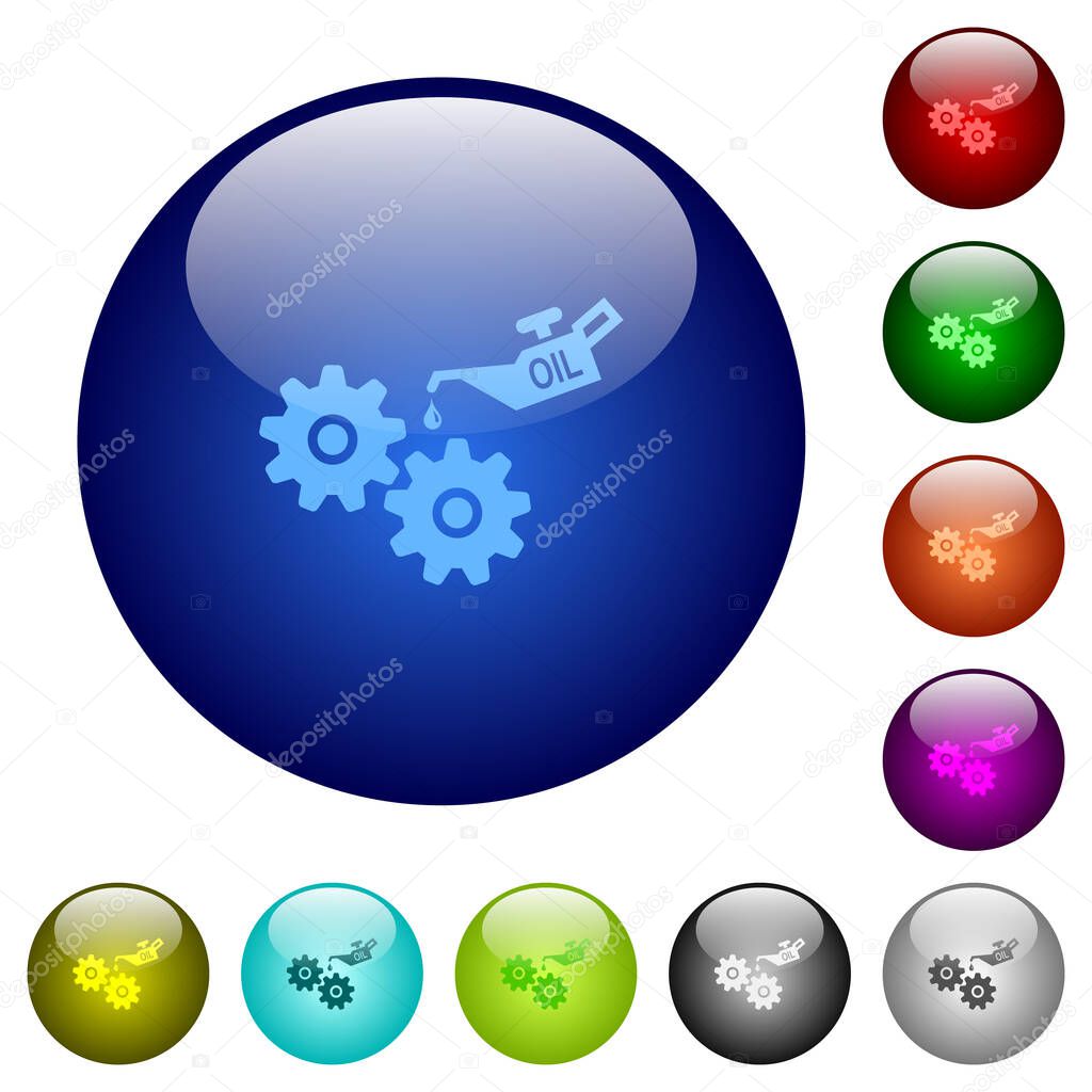 Oiler can and gears icons on round glass buttons in multiple colors. Arranged layer structure