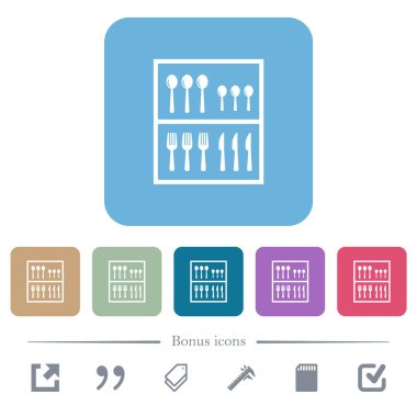 Renkli yuvarlak kare arkaplan üzerine beyaz renkli çatal bıçak kutusu simgeleri. 6 bonus simgesi dahil