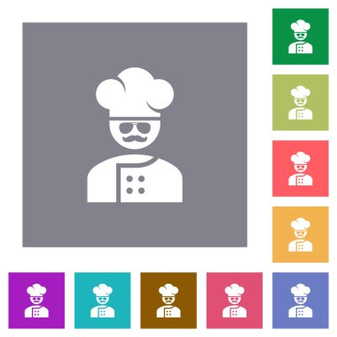 Gözlüklü ve bıyıklı usta aşçı. Basit renkli kare arkaplanlı düz ikonlar.