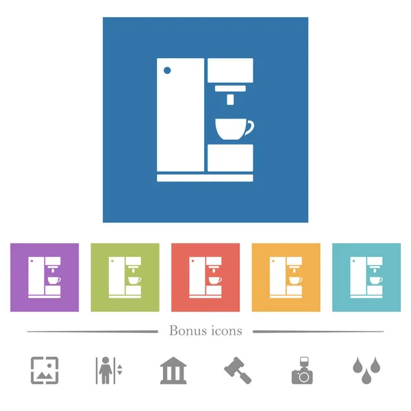 Koffiezetapparaat Platte Witte Pictogrammen Vierkante Achtergronden Bonus Symbolen Opgenomen — Stockvector