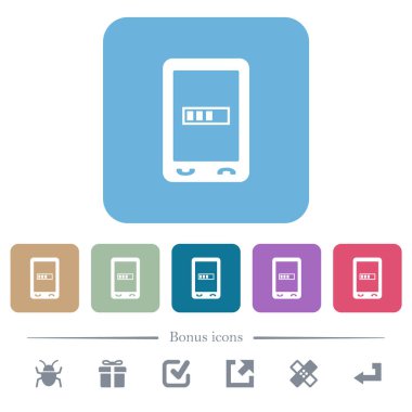Renkli yuvarlak kare arkaplanlar üzerinde beyaz düz simgeler işleniyor. 6 bonus simgesi dahil