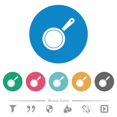 Yuvarlak renkli arka planda tava görünümlü düz beyaz simgeler. 6 bonus simgesi dahil.