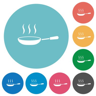 Yuvarlak renkli arkaplanda dumanı tüten tava beyazı simgeleri