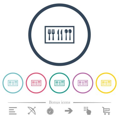 Yuvarlak hatlı çatal bıçak kutusu düz renk simgeleri. 6 bonus simgesi dahil.