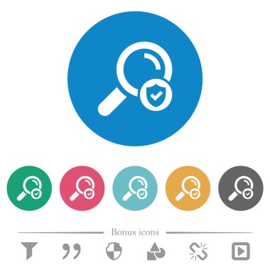 Yuvarlak renkli arka planda düz beyaz simgeleri güvenli bir şekilde arayın. 6 bonus simgesi dahil.