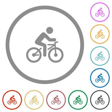 Beyaz arkaplanda yuvarlak çizgilerde binici düz renk simgelerine sahip bisiklet