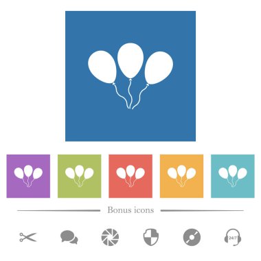 Üç balon kare arkaplan içinde düz beyaz simgeler. 6 bonus simgesi dahil.