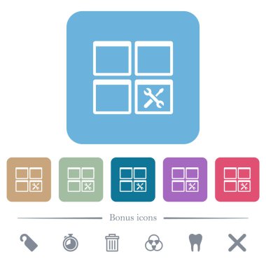 Renkli yuvarlak kare arka planlarda beyaz düz simgeler. 6 bonus simgesi dahil