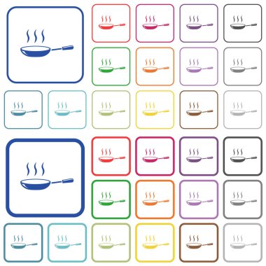 Yuvarlak kare çerçevelerde parlak, dumanı tüten tava rengi düz simgeler. İnce ve kalın versiyonlar dahil.