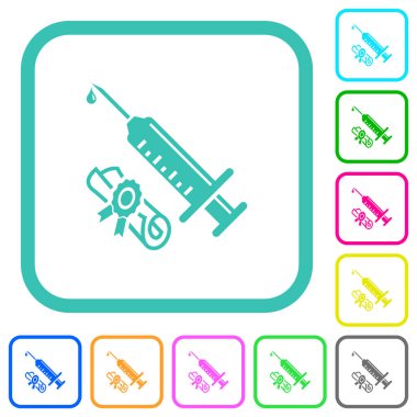 Beyaz zemin üzerinde eğimli sınırlarda canlı renkli düz ikonlar sertifikalı aşı