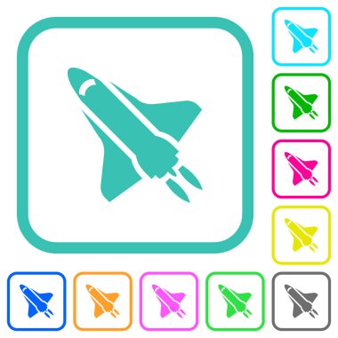 Beyaz zemin üzerinde eğri kenarlı düz simgelerle itme gücü olan uzay mekiği