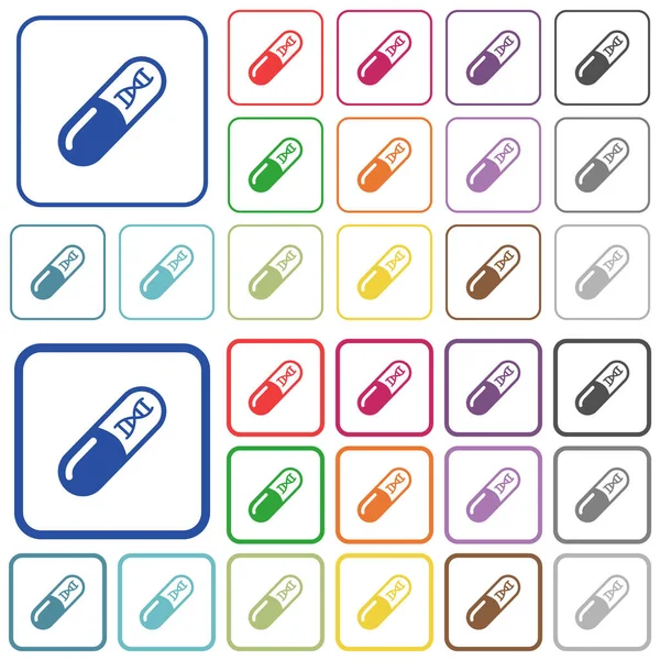 Φάρμακο Μόριο Dna Χρώμα Επίπεδες Εικόνες Στρογγυλεμένα Τετράγωνα Πλαίσια Περιλαμβάνονται — Διανυσματικό Αρχείο