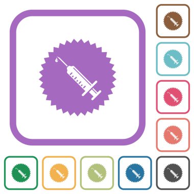 Onaylanmış aşı, beyaz arkaplanda renkli yuvarlak kare çerçeveler halinde basit simgeler