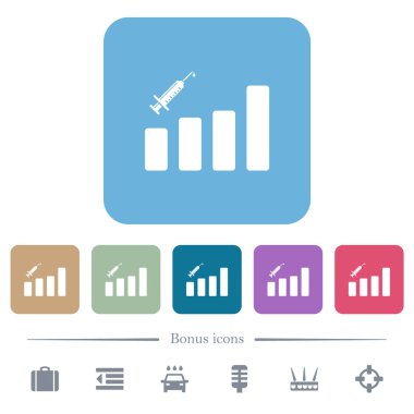 Renkli yuvarlak kare arkaplanlarda beyaz düz ikonlar aşı grafiği. 6 bonus simgesi dahil