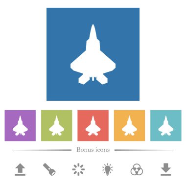 Jet savaşçısı silueti kare arkaplanlarda düz beyaz simgeler. 6 bonus simgesi dahil.