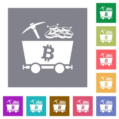 Bitcoin kripto para birimi madenciliği. Basit renk kare arkaplan üzerinde düz hazine simgeleri var.