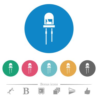 Yuvarlak renkli arkaplanlarda Diyot Düz beyaz simgeler yayıyor. 6 bonus simgesi dahil.