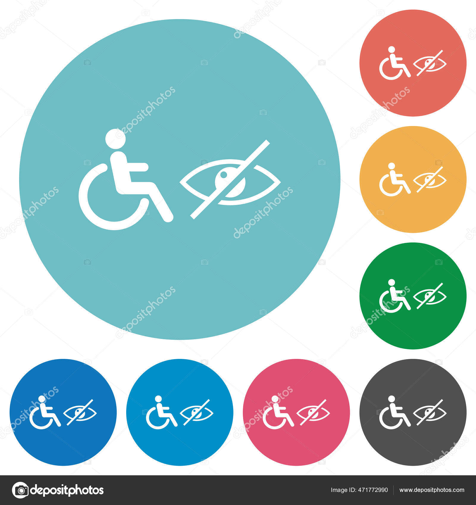 Wheelchair Visually Impaired Symbols Flat White Icons Color Backgrounds