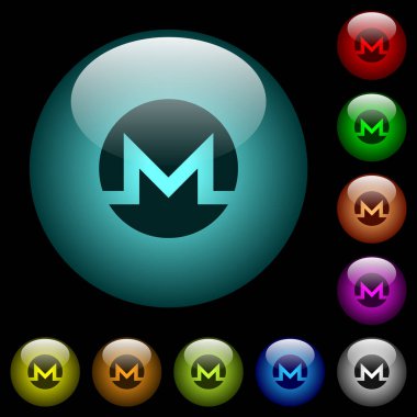 Monero dijital kripto para birimi simgeleri siyah arkaplanda renkli küresel cam düğmeler. Siyah ya da koyu şablonlar için kullanılabilir