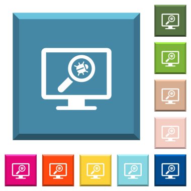 Kenarlı kare düğmelerde çeşitli moda renklerde bilgisayar beyaz simgelerinde virüs taraması