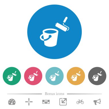 Yuvarlak renkli arka planlarda boya kovası ve düz beyaz boya ikonları. 6 bonus simgesi dahil.