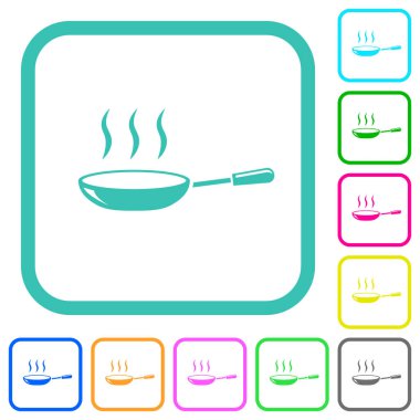 Beyaz arkaplanda kıvrımlı sınırlarda parlak, dumanı tüten tava renkli düz simgeler