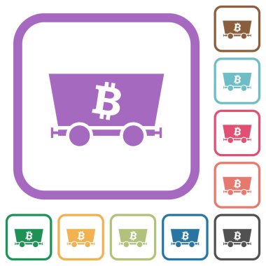 Bitcoin kripto para birimi, beyaz arkaplanda renkli yuvarlak kare çerçeveler halinde basit simgeleri madencilik