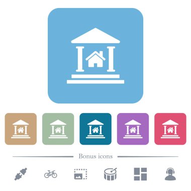 Renkli yuvarlak kare arka planlarda emlak kredisi beyaz simgeleri. 6 bonus simgesi dahil