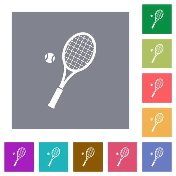 Tennisschläger Mit Ball Flache Symbole Auf Einfachen Farbigen Quadratischen Hintergründen — Stockvektor