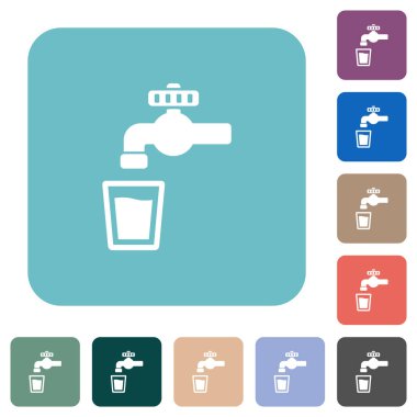 Renkli yuvarlak kare arkaplan üzerine su beyaz düz simgeleri içmek