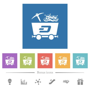 Dash kripto para birimi madenciliği, kare arkaplanda düz beyaz ikonlar. 6 bonus simgesi dahil.