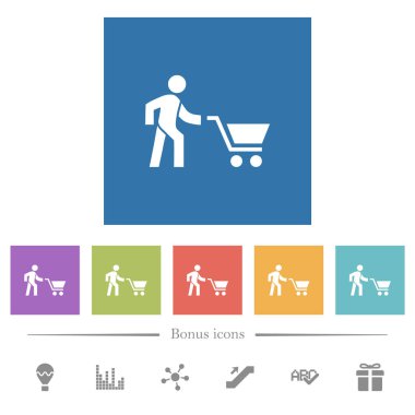 Shopping person with cart flat white icons in square backgrounds. 6 bonus icons included. clipart