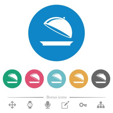 Yuvarlak renkli arka planda parlak beyaz simgelerle yemek tepsisi aç. 6 bonus simgesi dahil.