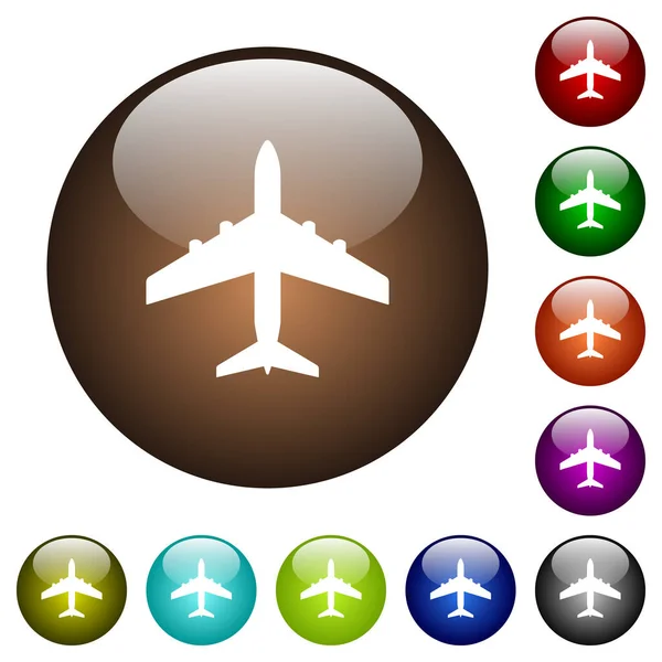 Białe Ikony Samolotów Pasażerskich Okrągłych Szklanych Przyciskach Wielu Kolorach — Wektor stockowy
