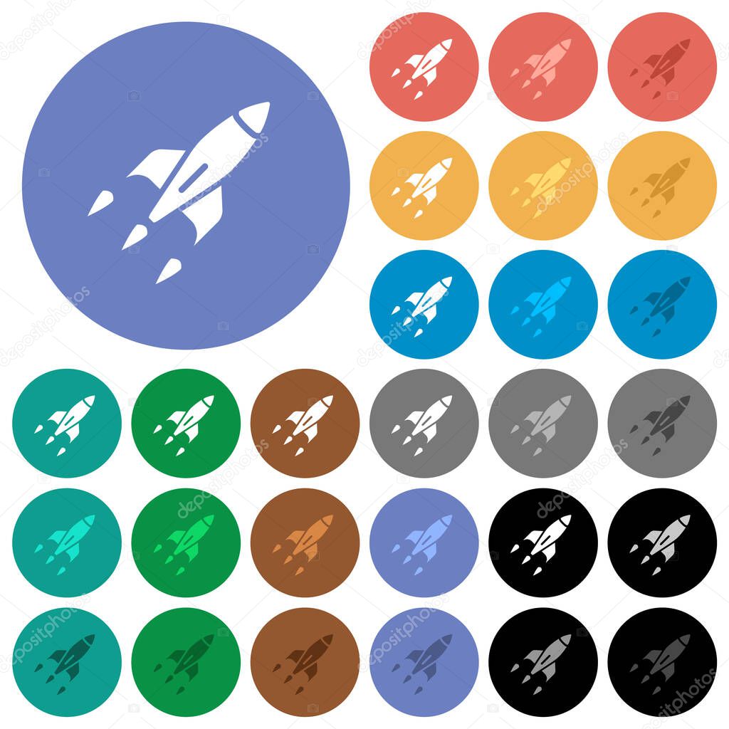 Rocket multi colored flat icons on round backgrounds. Included white, light and dark icon variations for hover and active status effects, and bonus shades.