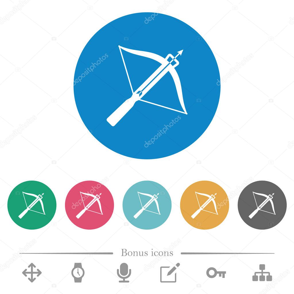 Crossbow with arrow flat white icons on round color backgrounds. 6 bonus icons included.