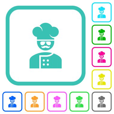 Gözlüklü ve bıyıklı usta şef. Beyaz arkaplanda kıvrımlı sınırlarda canlı renkli düz ikonlar.