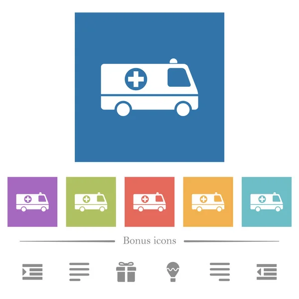 Ambulance Car Side View Flat White Icons Square Backgrounds Bonus — Stock Vector