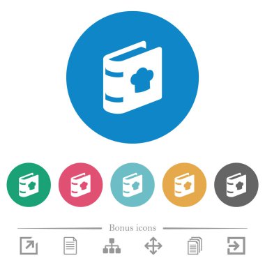 Aşçı şapkalı yemek kitabı yuvarlak renkli arka planda düz beyaz simgeler. 6 bonus simgesi dahil.