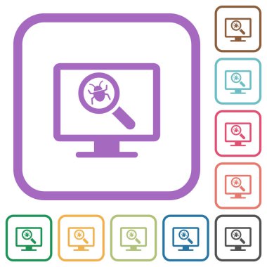 Bilgisayarda basit simgeleri beyaz arkaplanda renkli yuvarlak kare çerçevelerle tarayan virüs taraması